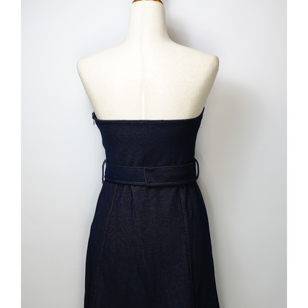 Zara Strapless Denim Midi Dress Dark Wash Belted Corset Bodice Indigo Blue - Picture 2 of 6